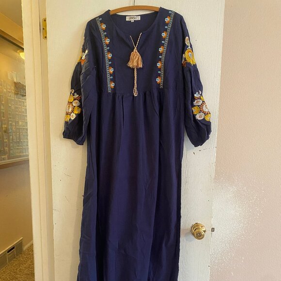 Navy Blue Boho Vintage Style Hand Embroidered Tunic Mexican Dress Hippie XL New - Picture 1 of 5